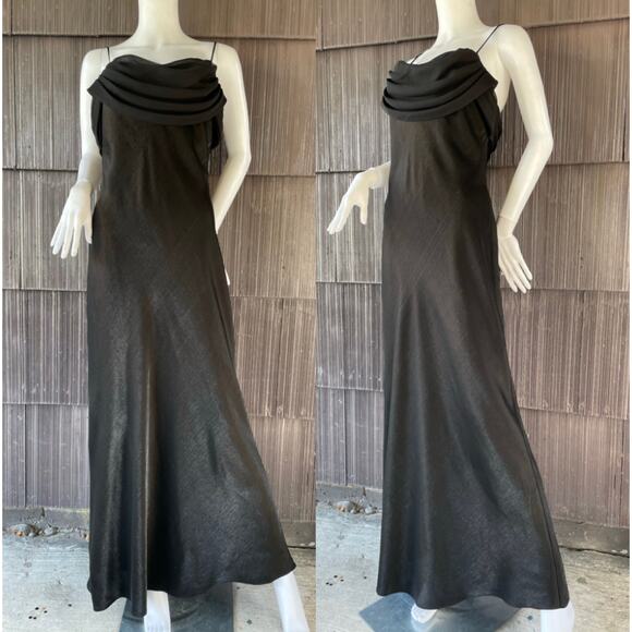 🔥Vintage Y2K Draped Metallic Shine Black Maxi Dress Prom Evening Formal Size M - Picture 1 of 16